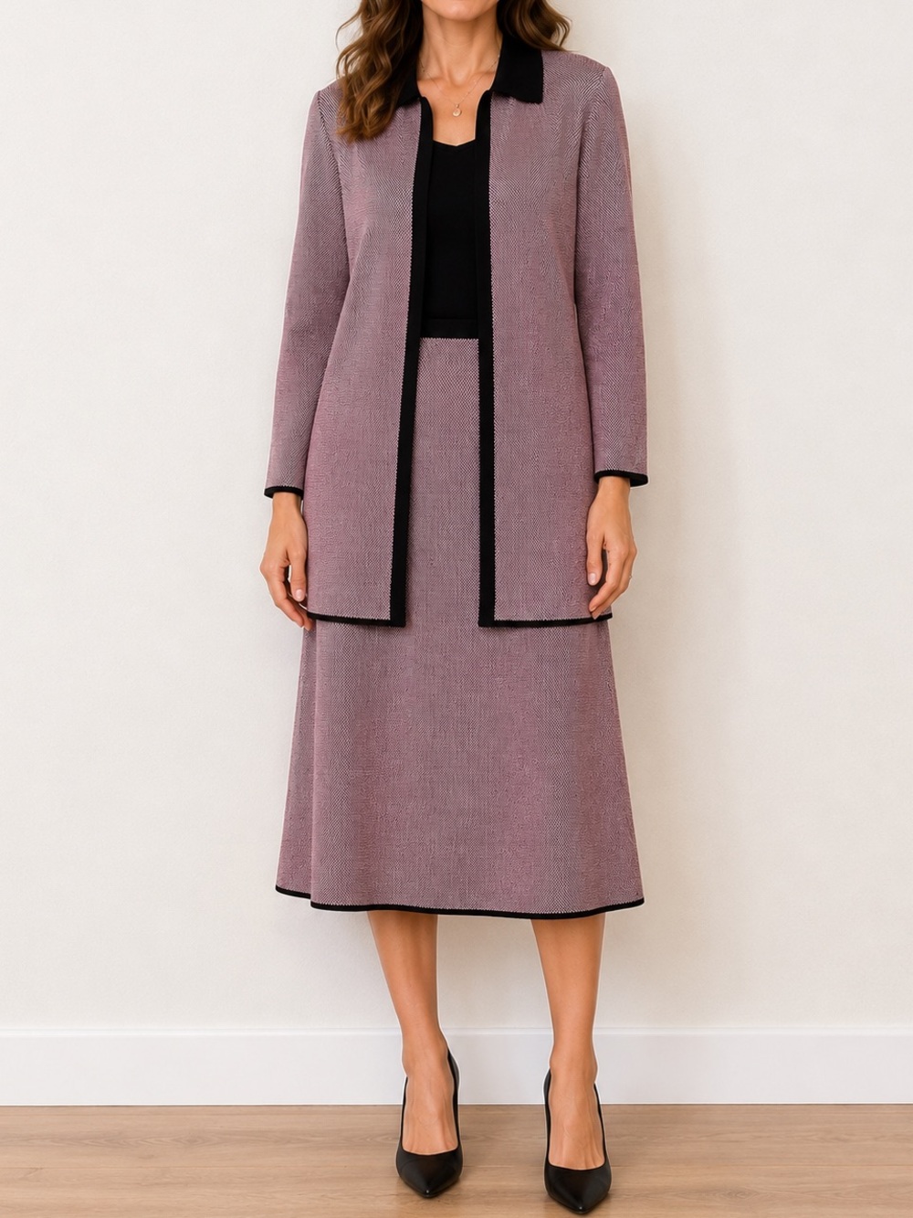 Plein Air Knit Matching Set Cardigan Jacket Midi Skirt Pink Black XS S